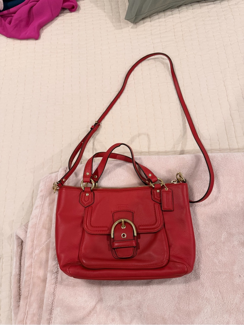 Coach Red Leather Crossbody Satchel with Gold Hardware